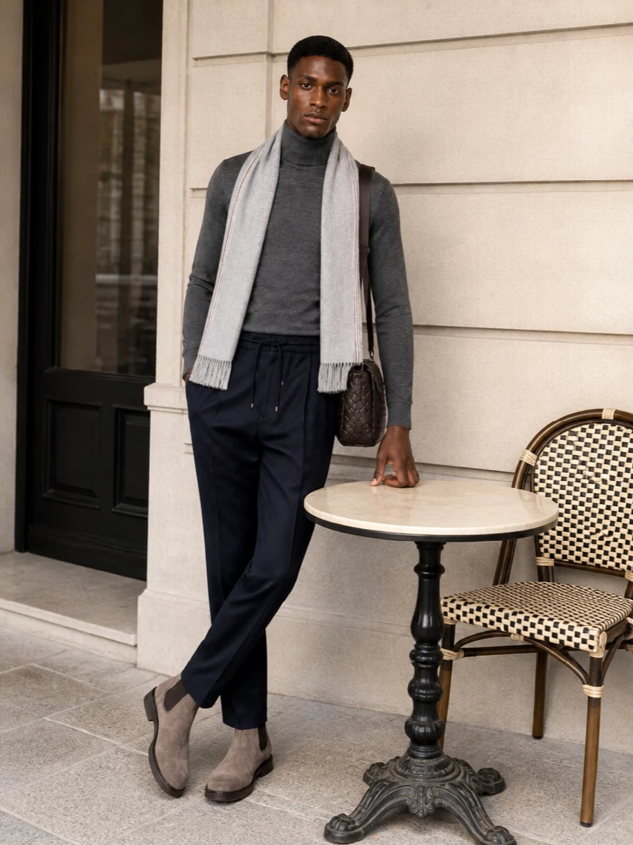 Brunello navy trouser charcoal turtleneck outfit