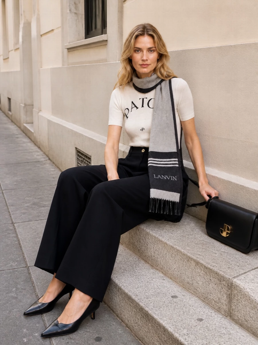 Patou logo knit black wide leg trousers outfit