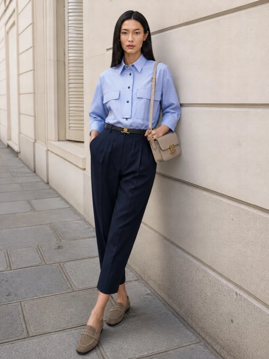 Ink-navy cropped trousers are paired with a crisp, powder-blue cropped shirt for a clean, relaxed take on summer tailoring that feels effortless but considered. Perforated taupe loafers and a structured beige Celine shoulder bag introduce soft neutrals and texture, while a slim navy belt quietly sharpens the waistline and completes the polished, SS city-ready ensemble.
