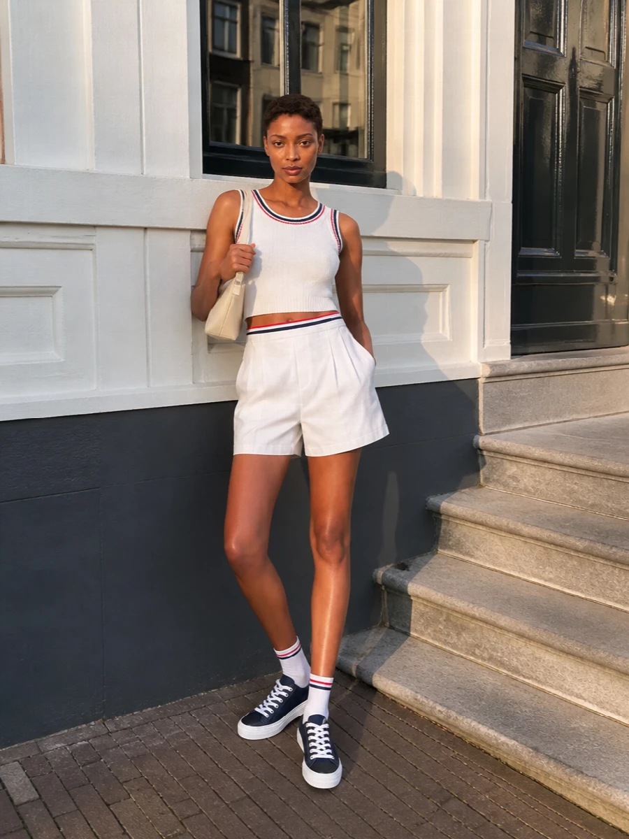 Brunello cucinelli striped tank white shorts outfit