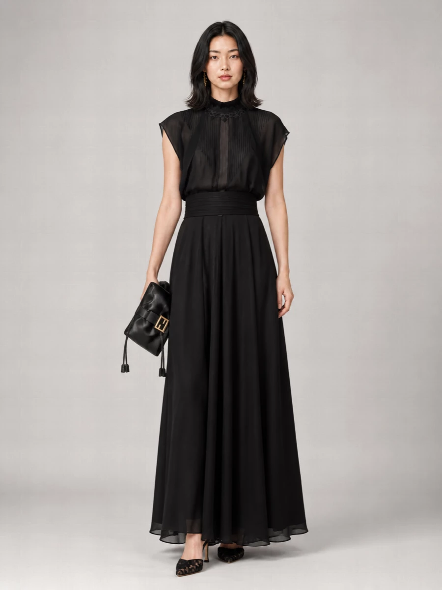 Fendi Silk Lace Trim High Neck Cap Sleeve Maxi Dress