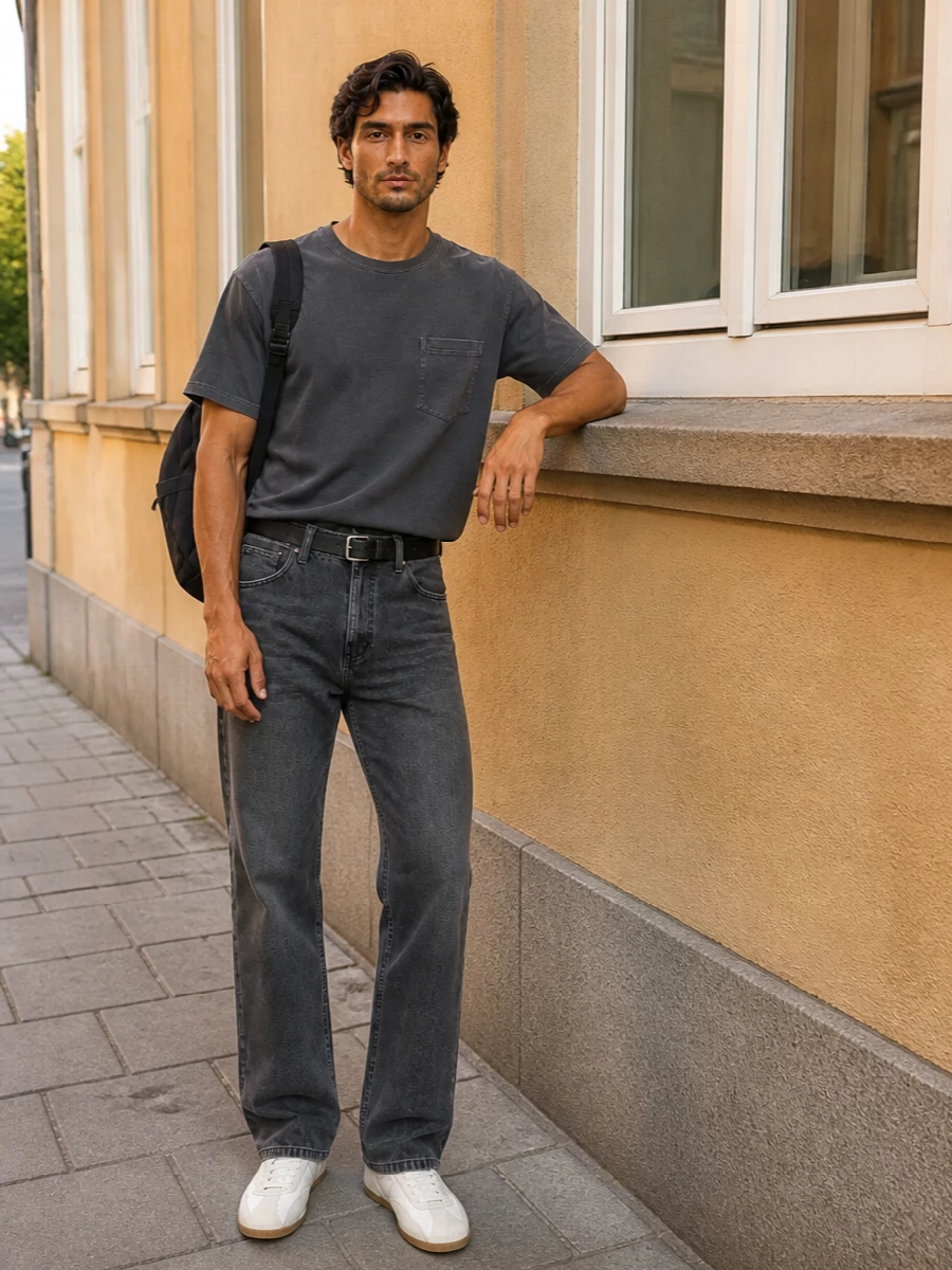 Carhartt charcoal jeans represent sneakers outfit