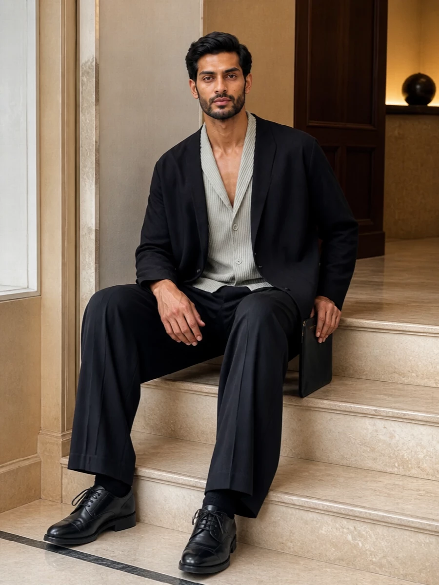 A study in quiet structure, this pairing leans into pleated tailoring and a soft sage and charcoal palette for warm evenings in the city. The wide-leg proportion feels intentional and grounded by classic black oxfords, while a flat pouch keeps the lines clean and unobtrusive. It is refined, minimal and calm, ideal when you want presence without noise.