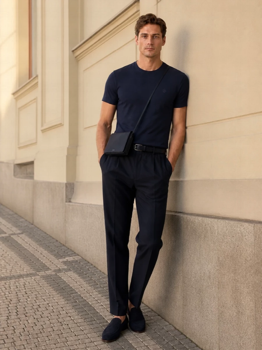 A deep navy column of tee and pleated trousers creates a clean, uninterrupted line that feels calm and assured rather than try-hard. Midnight suede loafers keep it polished but soft, while the slim navy crossbody and braided belt add just enough structure without disturbing the quiet minimalism.