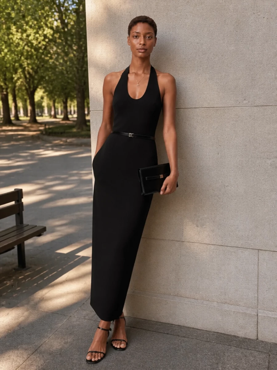Toteme black halter dress minimal evening styling