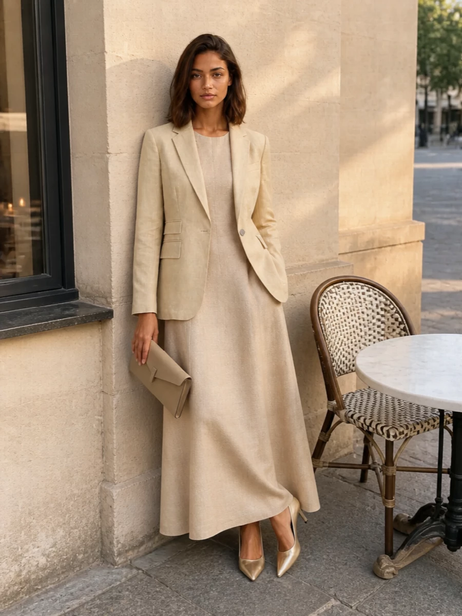 Champagne tones, clean lines and barely-there hardware keep this pairing firmly in the quiet luxury space, letting texture and proportion do the talking. The sculpted pump and slim envelope clutch lengthen the line of the A‑line dress, creating an easy, sunlit elegance that works for terrace dinners or understated celebrations. Everything stays tonal and refined, so the eye reads one continuous, softly luminous column.