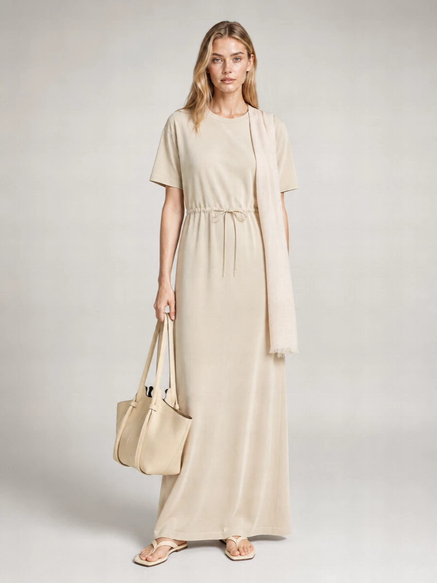 Haikure Cotton Jersey Short-Sleeve Crew-Neck Drawstring Maxi Dress