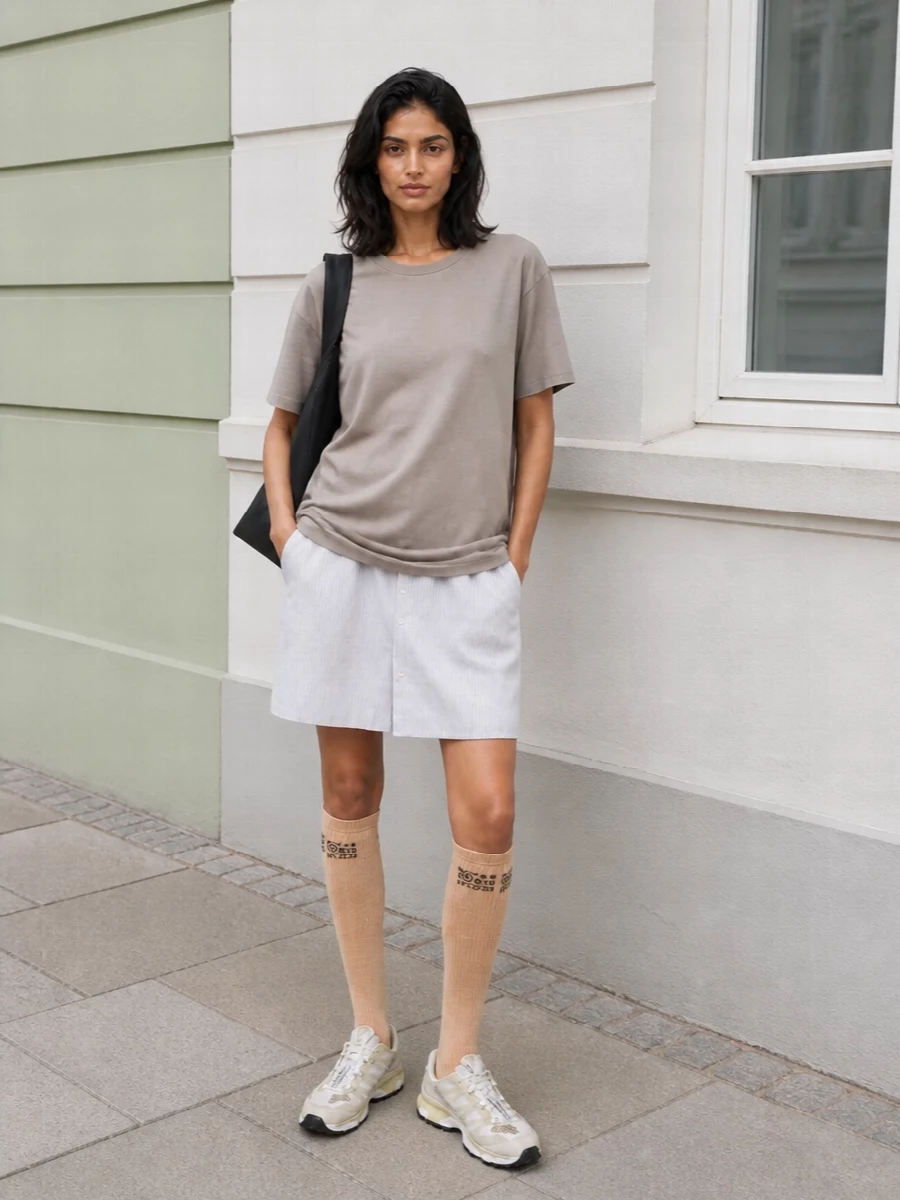 A taupe layered shirt dress is treated like a long tee, grounded with technical off white runners for a clean, city-ready take on Margiela streetwear. The oversized black Japanese tote brings graphic structure, while nude socks quietly connect the sneakers back to the dress so the whole outfit reads intentional rather than thrown on.