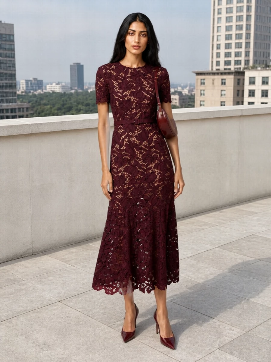 For cocktail hours and formal city dinners, this pairing leans into a deep garnet story without feeling overdone: the Self-Portrait lace midi and croc-embossed pumps sit in the same rich burgundy family for a long, uninterrupted line. The dress’s nude underlay and flared hem introduce just enough romance, while the pointed stilettos keep the attitude sharp rather than saccharine. A sculptural burgundy shoulder bag finishes the palette with quiet precision instead of contrast, keeping everything firmly in the quiet-luxury space you asked for.

I chose the dress path over tailoring here because one strong column of lace in a single tone feels more resolved with these distinctive pumps than building a full suiting story, which would risk looking busy in comparison.