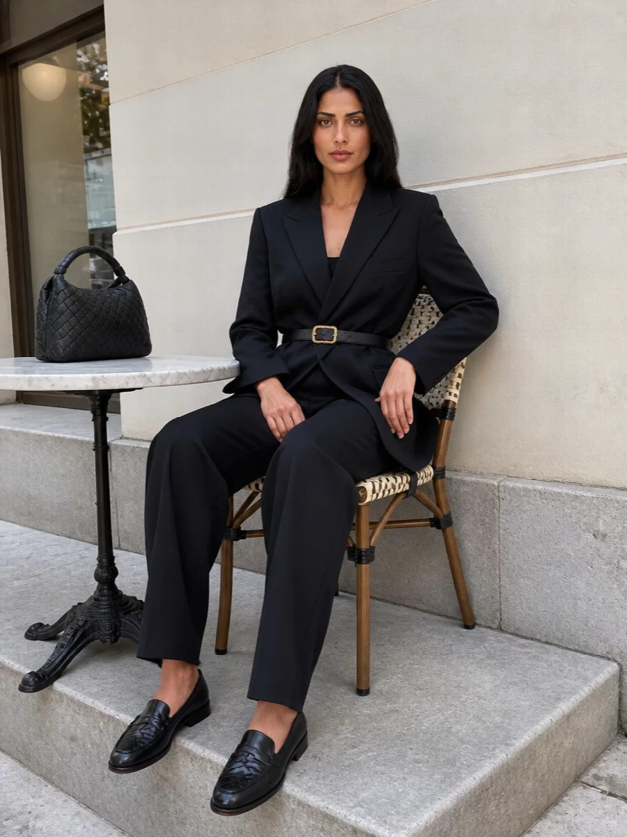 Bottega veneta black blazer trouser outfit