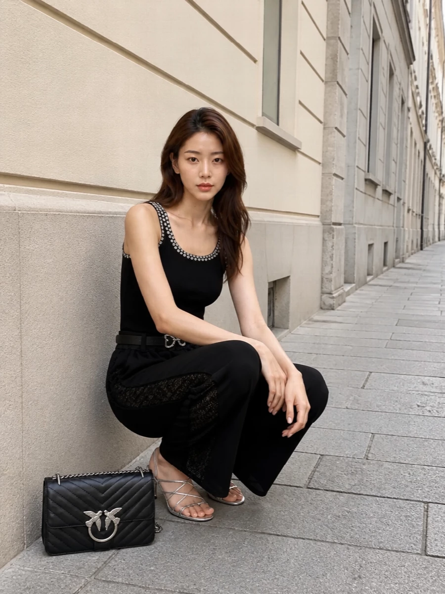 Pinko black wide leg trousers crystal tank outfit