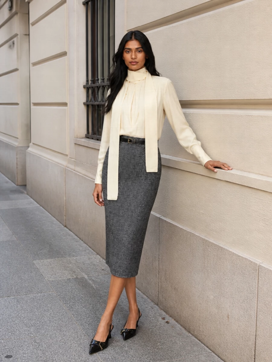 Givenchy pencil skirt scarf blouse outfit
