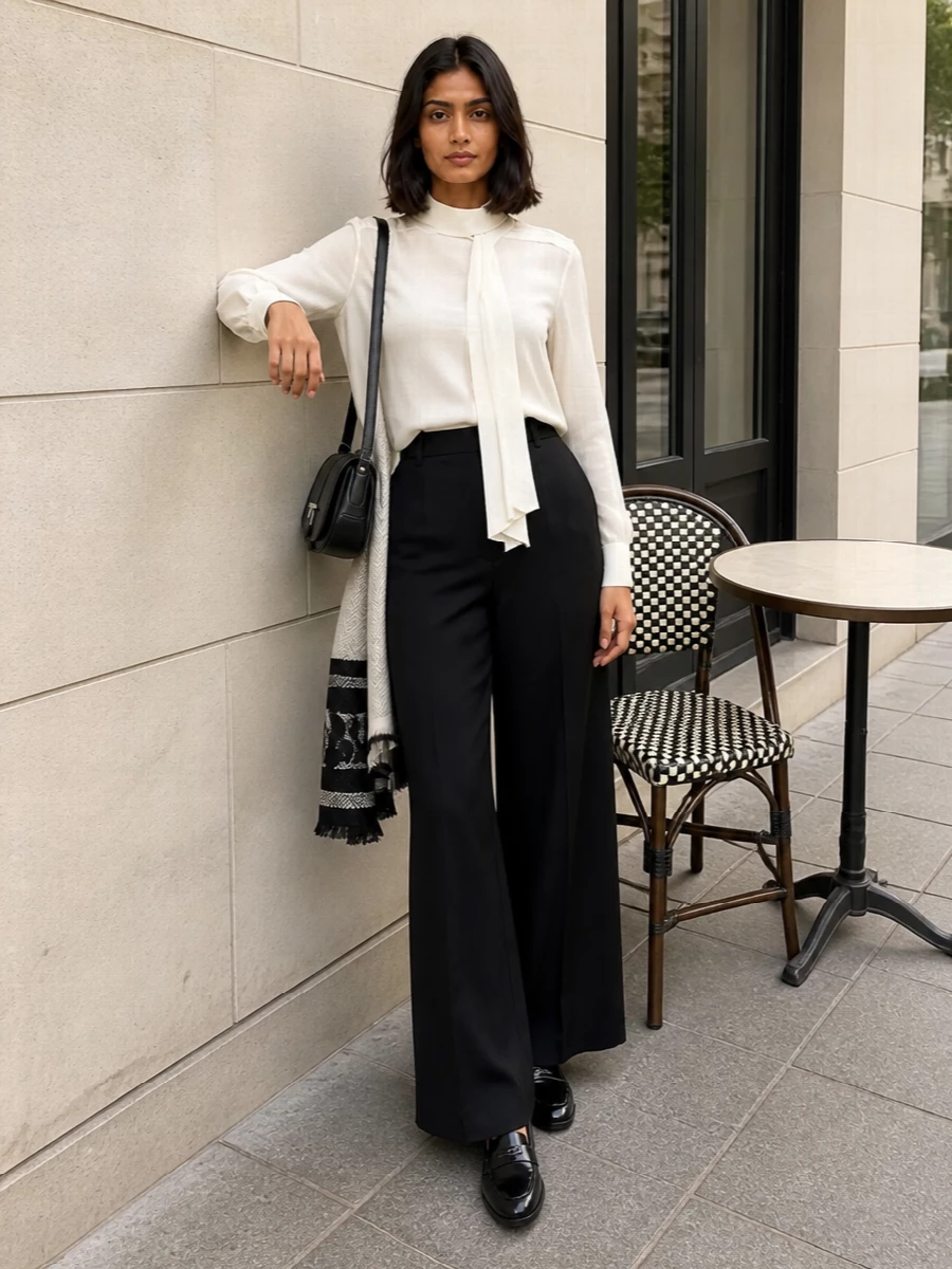 Mcqueen ivory blouse black wide leg trousers outfit