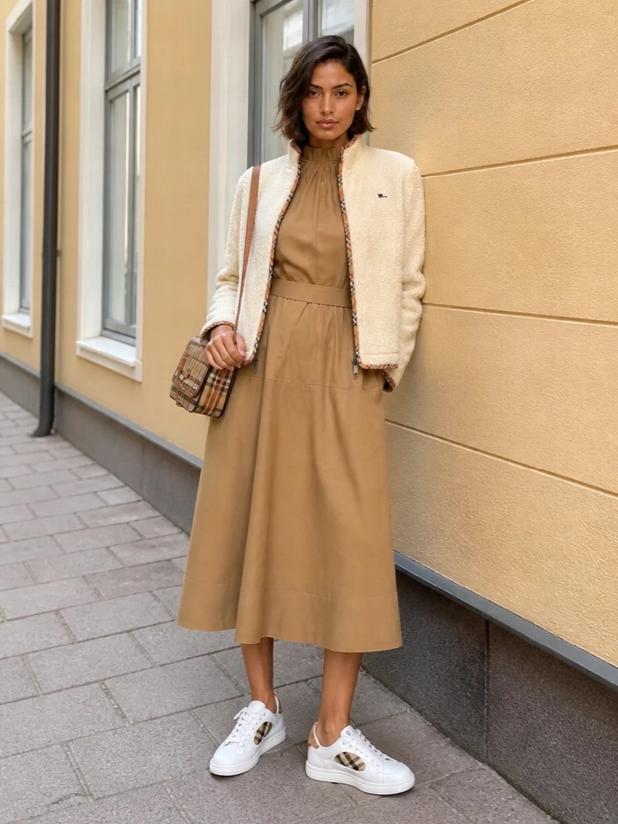 This is a quietly luxurious Burberry-neutral ensemble built around soft fleece and a clean camel midi dress, ideal for crisp city days. I chose the dress route instead of top and bottom to keep the silhouette long and uncluttered under the boxy jacket, letting the checks appear in sharp, controlled hits on the trims, sneakers and bag. The result is sporty but composed, with a consistent heritage palette and a flattering balance between a cropped outer layer and an elongated waist‑cinched base.