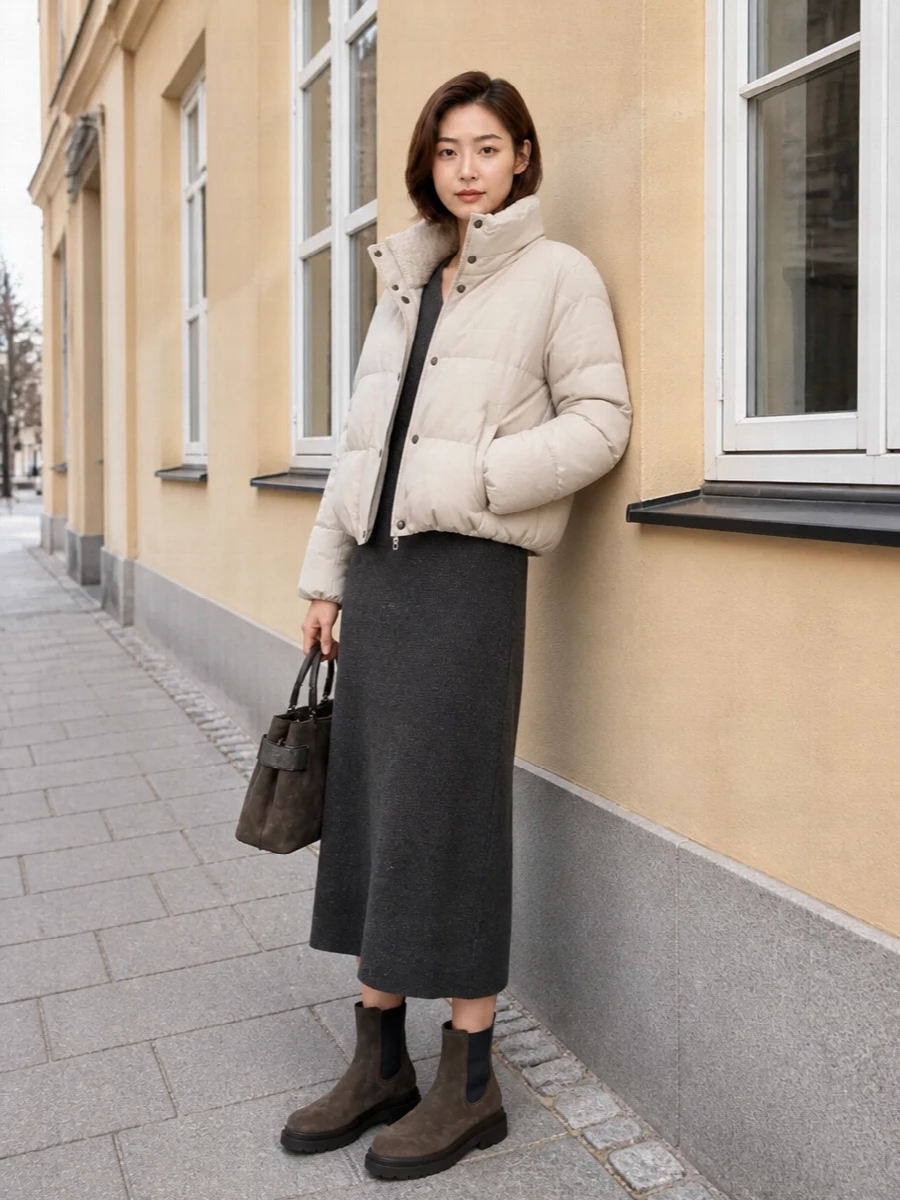 Brunello cucinelli parka knit midi dress outfit