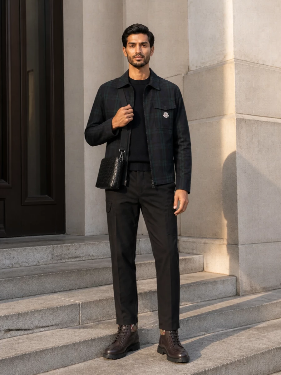 Moncler checked jacket outfit black trousers