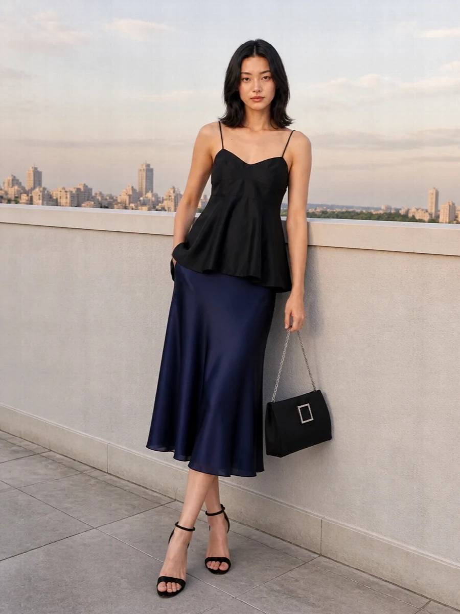 Rohe black satin cami navy midi evening outfit