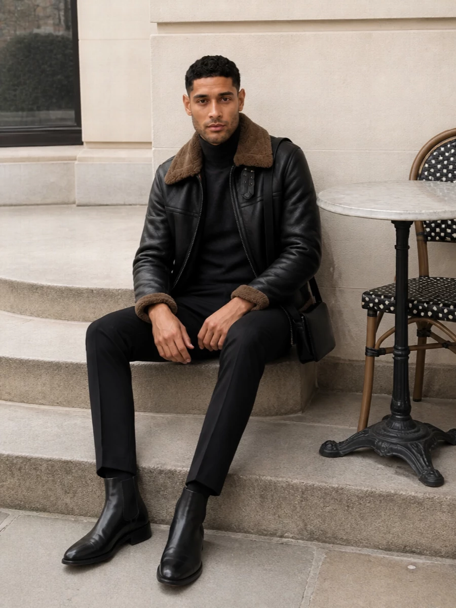 Saint laurent shearling jacket black chelsea boots