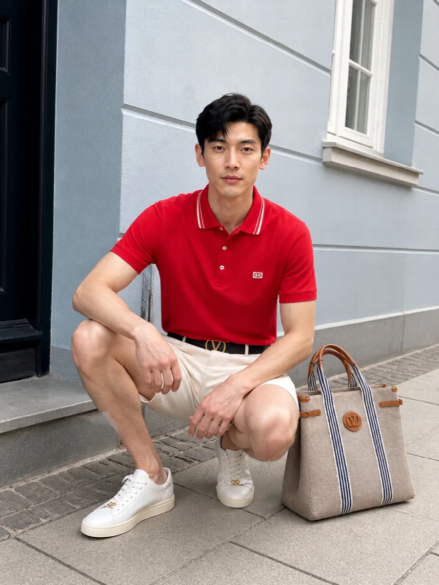A saturated red polo meets light cream tailoring for a sharp, Riviera take on smart summer dressing. Off-white leather sneakers keep everything clean and modern, while a striped canvas tote and slim belt add just enough structure for terrace lunches and coastal afternoons. The result is crisp, sporty and quietly confident in any warm-weather city or resort setting.