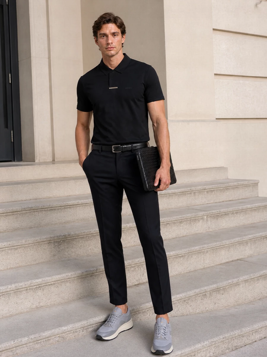 Boss polo navy cropped trousers grey sneakers