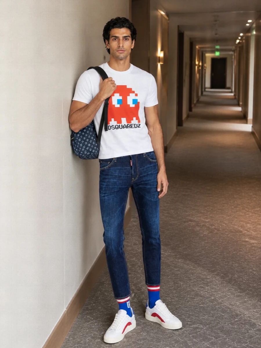 Dsquared2 graphic tshirt dark jeans sneakers