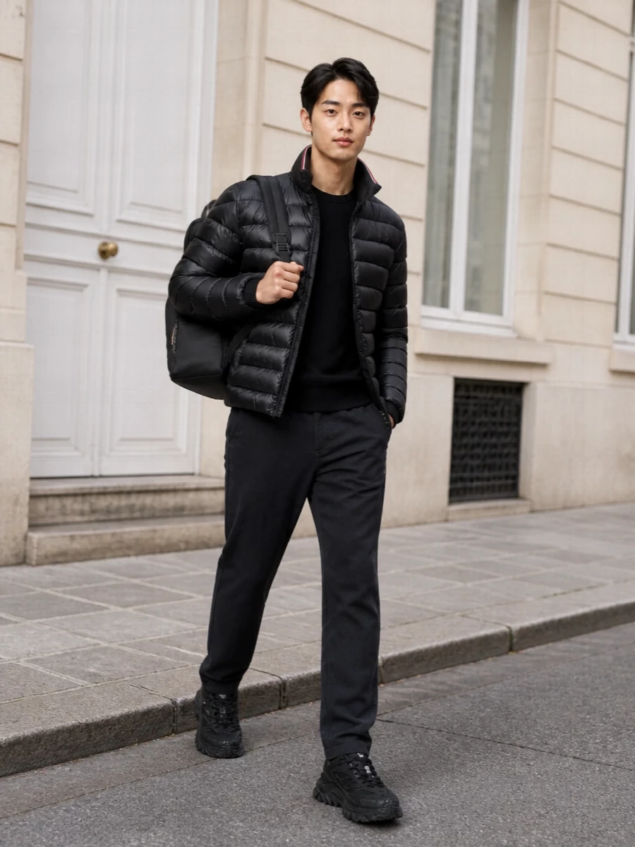 Moncler bomber jacket outfit loewe backpack