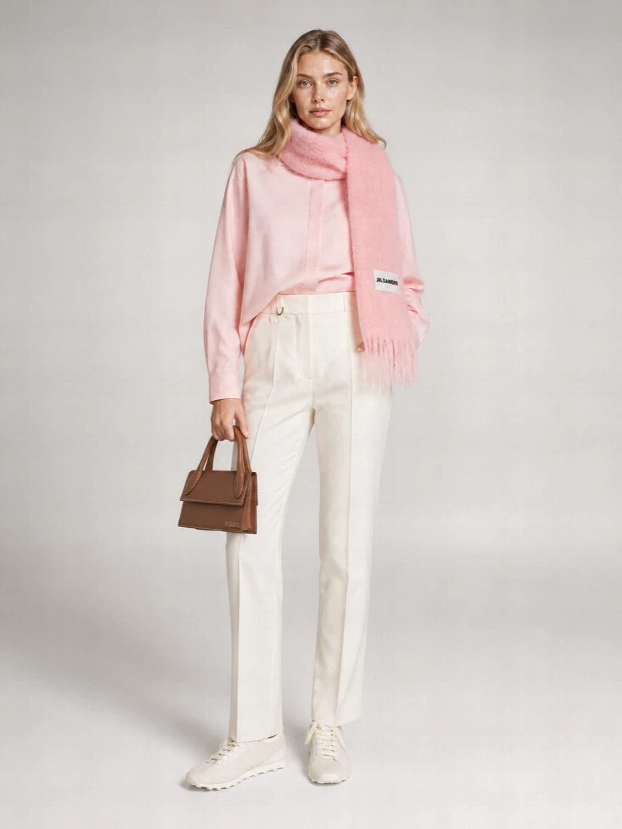 Soft blush and ivory keep this outfit calm and precise, with the relaxed shirt playing against the cleaner line of the tailored trouser. Tonal sneakers keep it grounded for daytime, while the structured tan mini adds just enough contrast to stop the palette from feeling saccharine. Wrap the brushed blush scarf loosely at the neck or over your arm for an extra note of warmth and texture.