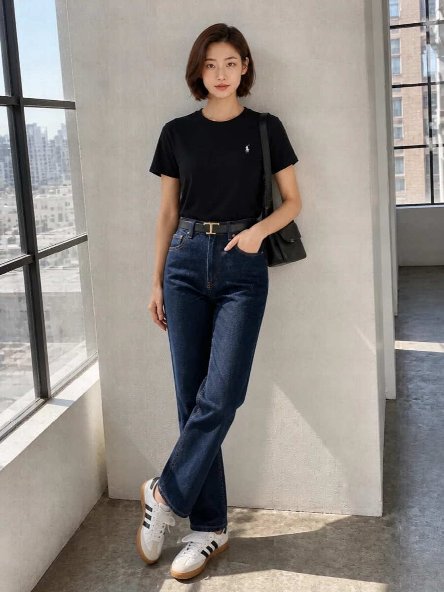 A crisp black Polo tee meets dark straight-leg denim for a clean, collegiate take on off-duty dressing. White leather sneakers lighten the base, while a black leather shoulder bag and slim belt sharpen the monochrome story just enough for city days and casual evenings. The proportions stay classic and easy, so the focus is on texture and subtle branding rather than noise.