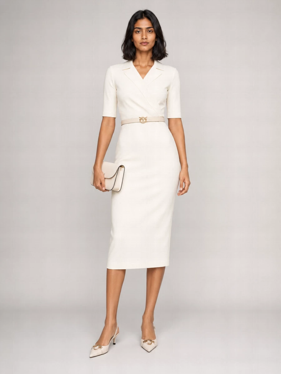 Pinko Linen V-Neck 3/4-Sleeve Fitted Midi Dress