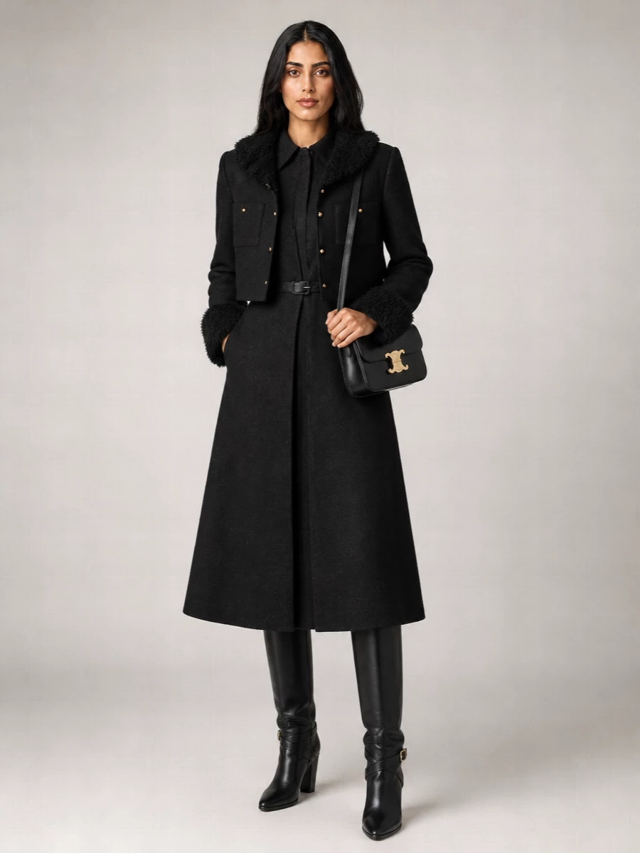 I am building around the Celine cropped faux fur collar jacket, so the tailored dress route is stronger than adding a second top layer. The Fendi charcoal shirtdress creates a clean, long line under the shorter, textured jacket, while the pointed Celine knee boots and structured Triomphe bag sharpen the silhouette into a quietly powerful winter city ensemble in pure black and deep charcoal with discreet gold accents.
