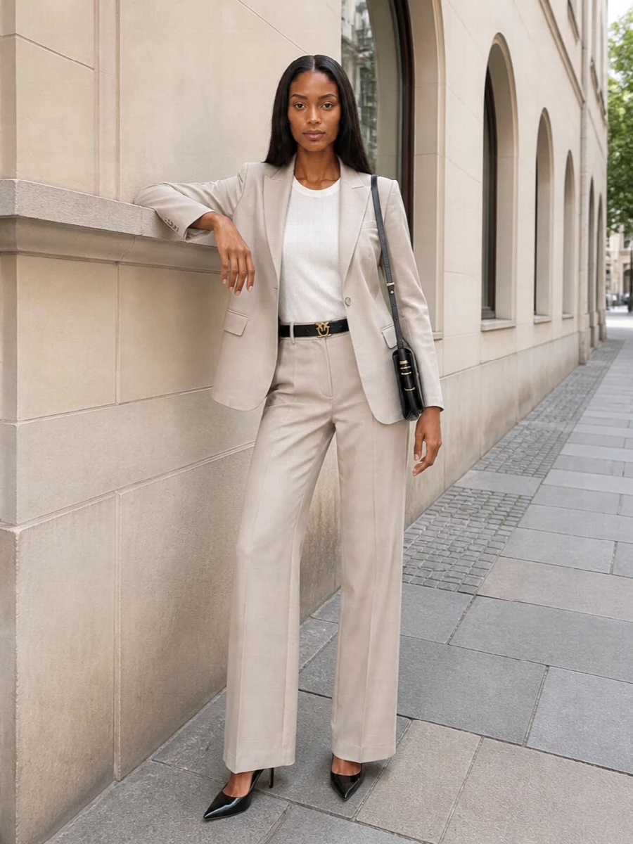 Pinko beige wide leg trousers black pumps