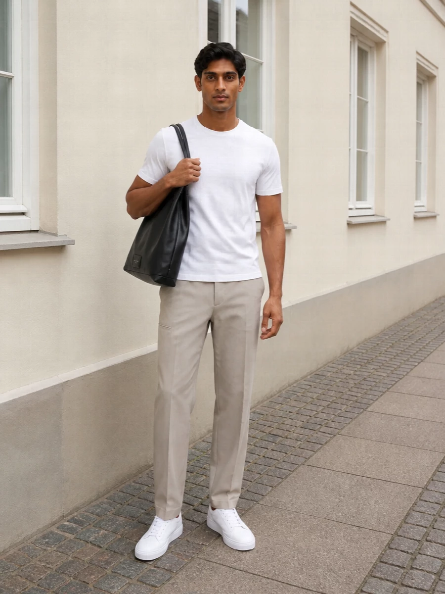 Givenchy white sneakers taupe trousers outfit