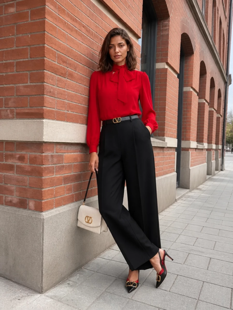 Valentino red bow blouse black wide leg trousers