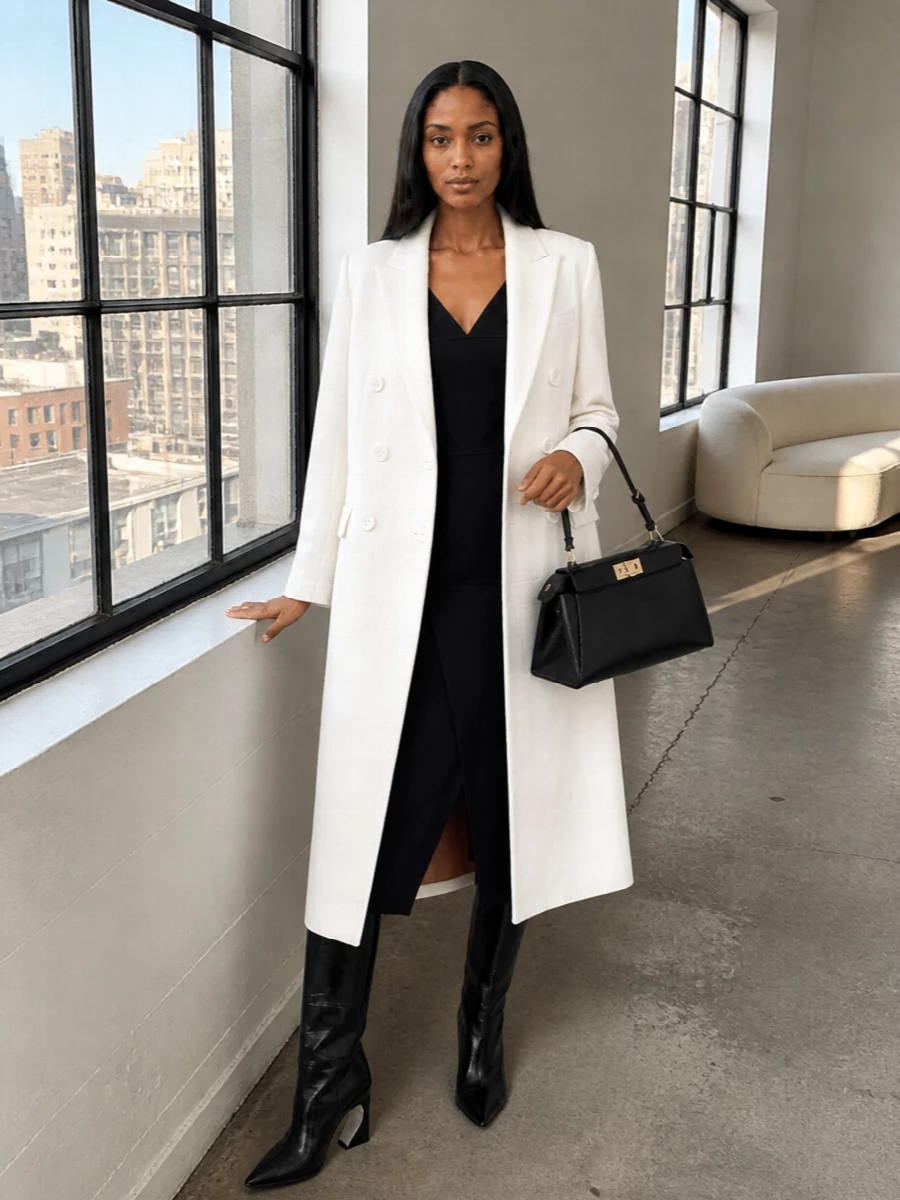 Fendi ivory coat black midi dress outfit