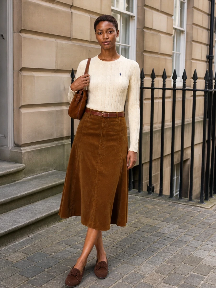 Ralph lauren corduroy midi skirt cable knit outfit