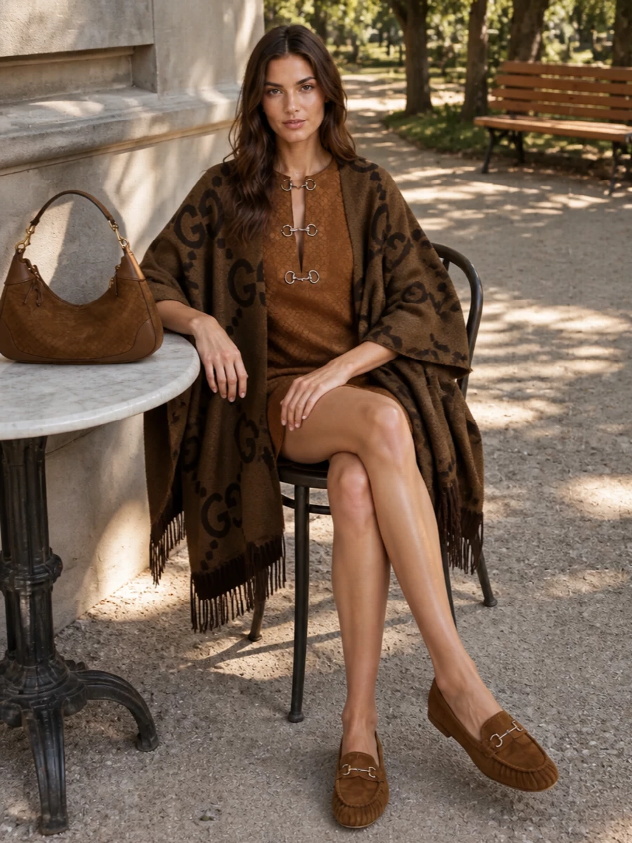 Gucci camel poncho mini dress suede loafers