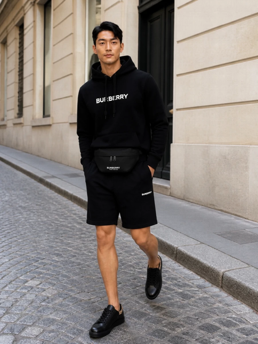 Burberry black hoodie shorts streetwear set