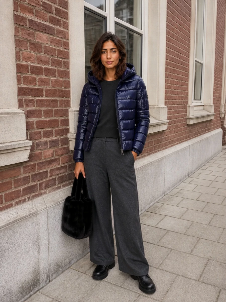Herno puffer charcoal wide leg trousers outfit