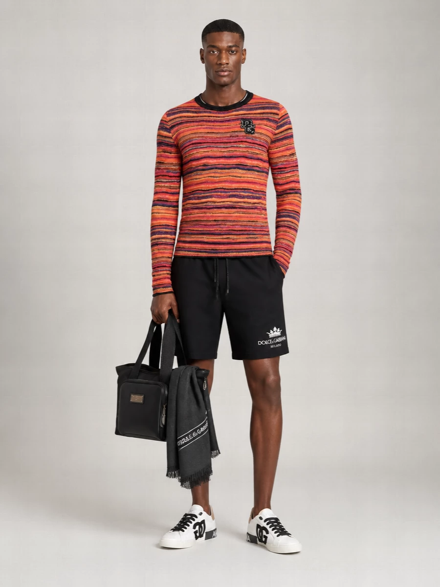 Dolce&Gabbana Wool Mohair Silk Striped Logo-Intarsia Knit Pullover Sweater