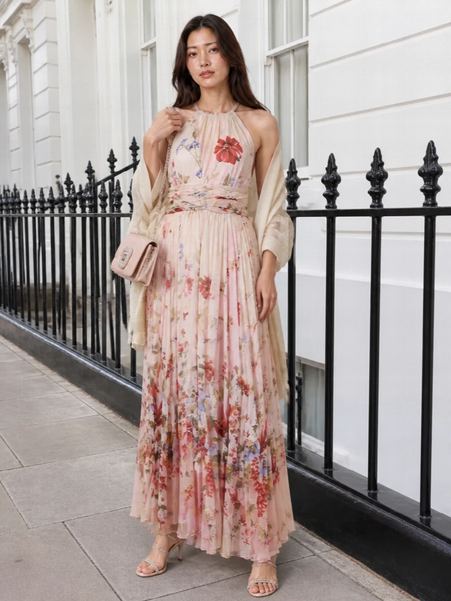 Cavalli floral maxi dress nude crystal sandals