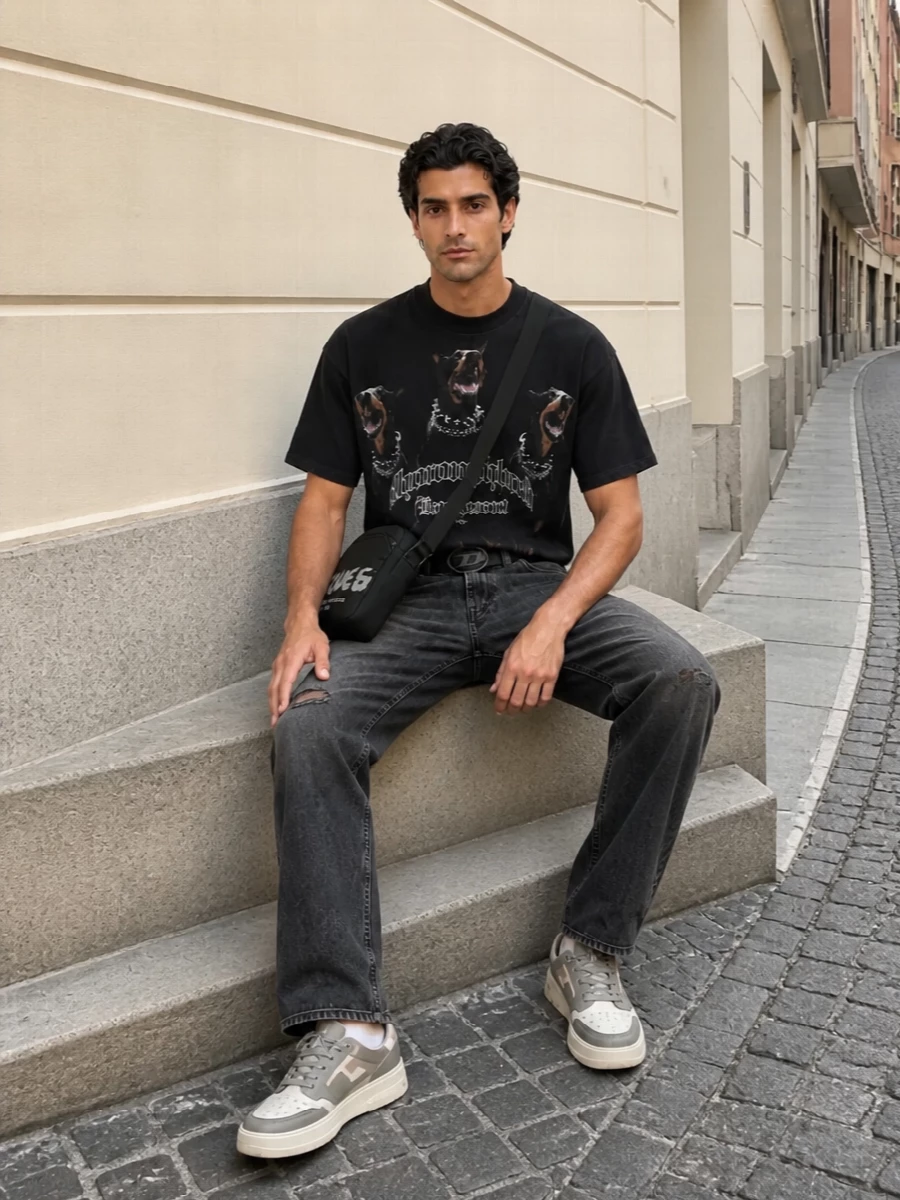 Represent graphic tee black jeans sneakers