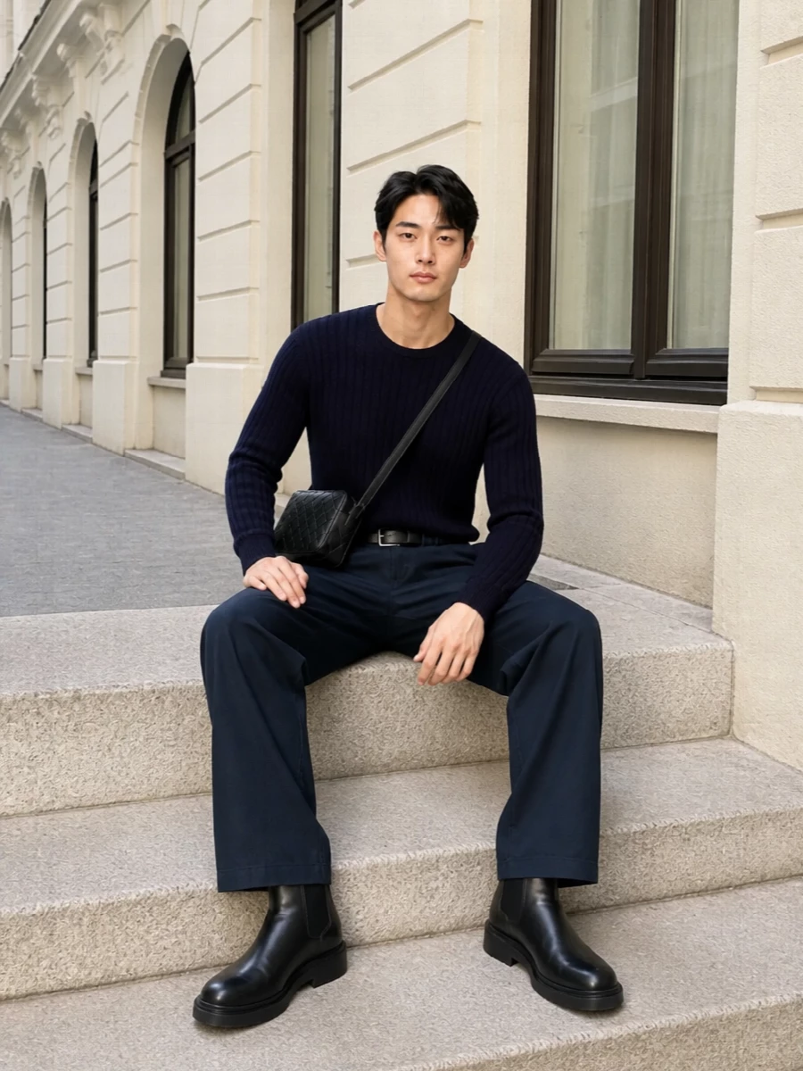 Bottega veneta navy wide leg trousers knit outfit