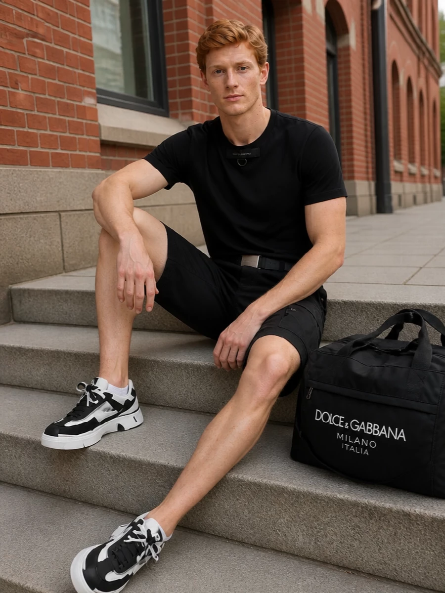 Dolce gabbana black cargo shorts logo tee outfit