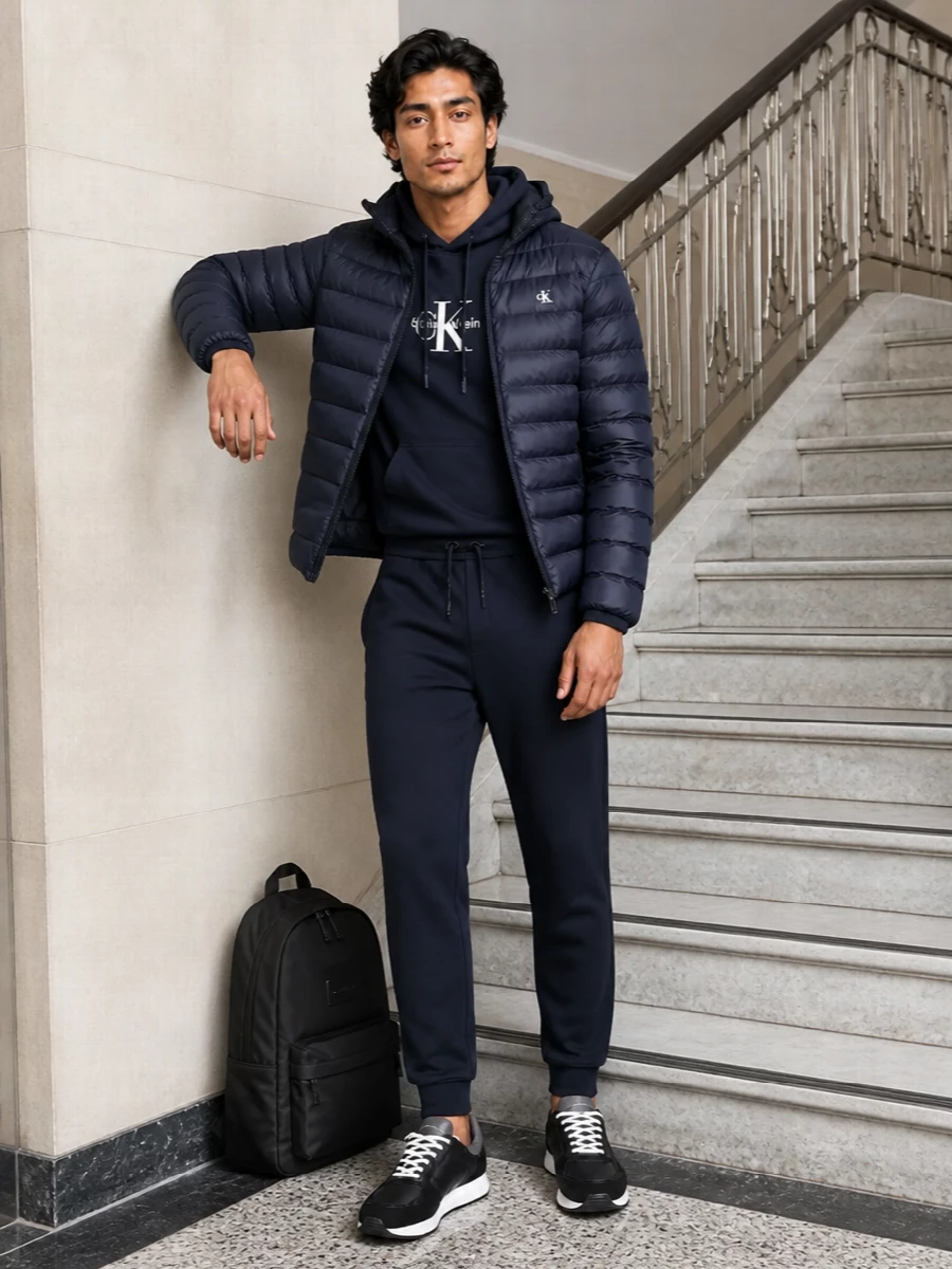 Calvin klein navy puffer jogger street style outfit