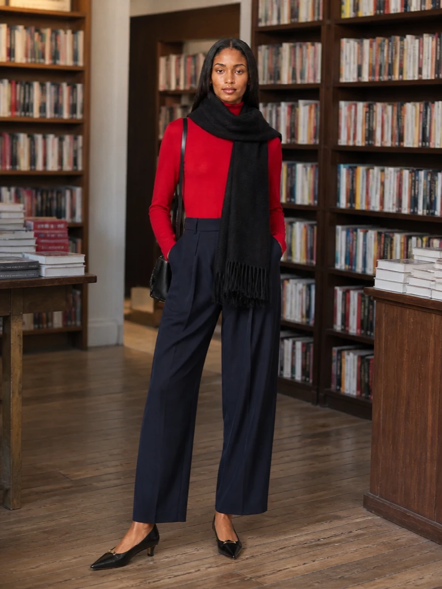 Rohe red turtleneck navy trousers black pumps