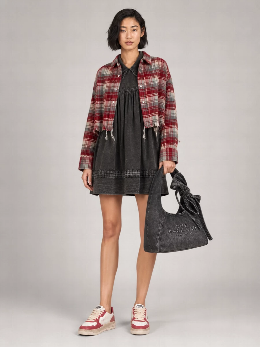 R13 Checked Fringed Cropped Shirt Jacket