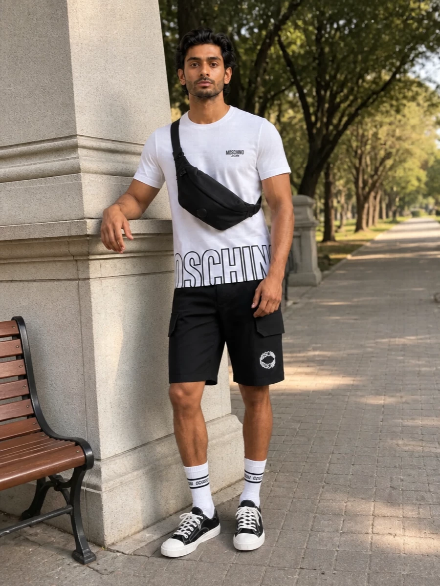 Moschino monochrome streetwear outfit cargo shorts