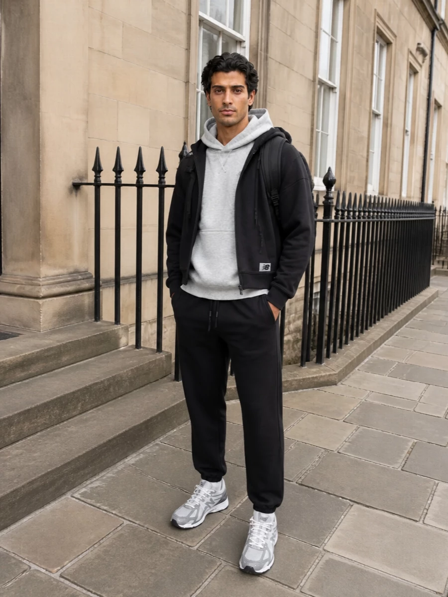 New balance hoodie black joggers runners outfit