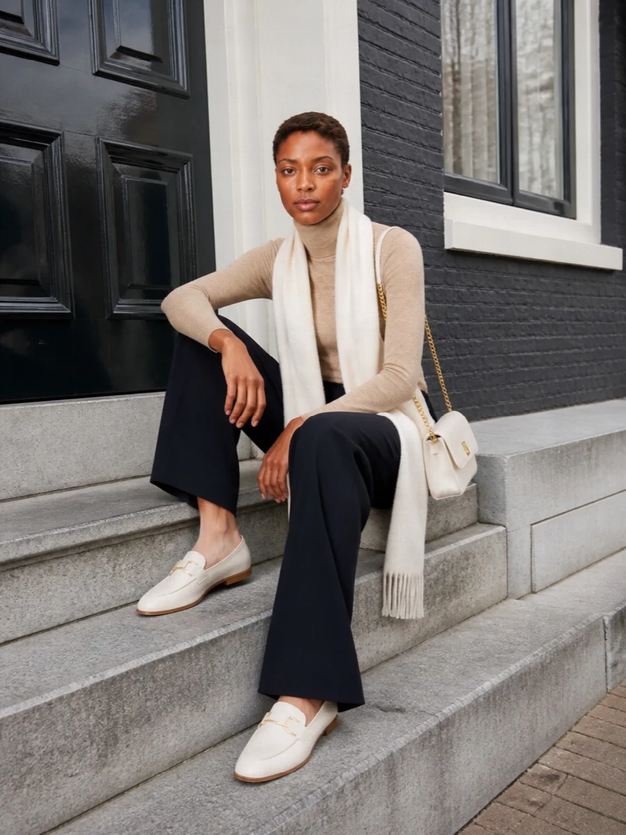 Golden goose camel turtleneck navy trousers loafers