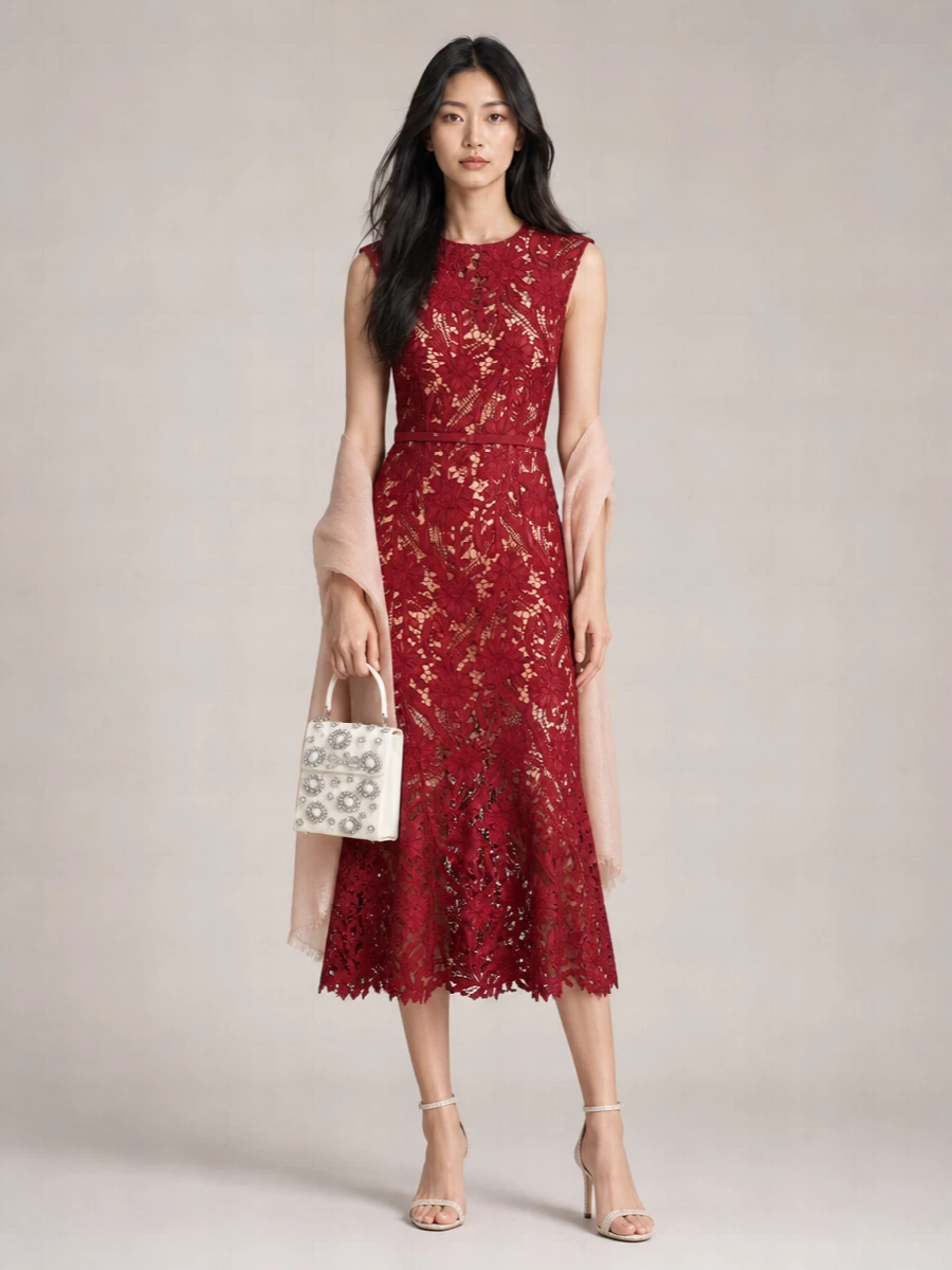 Self-Portrait Lace Sleeveless Crew Neck Belted Midi Dress